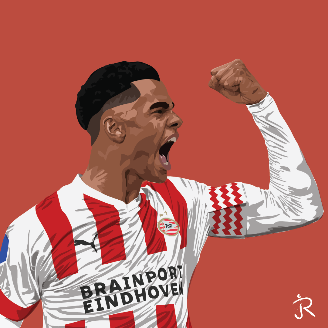 Cody Gakpo print waarop hij juicht voor PSV tegen Feyenoord