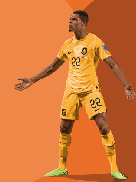 Denzel Dumfries poster van het WK 2022 na zijn goal en twee assists tegen Amerika
