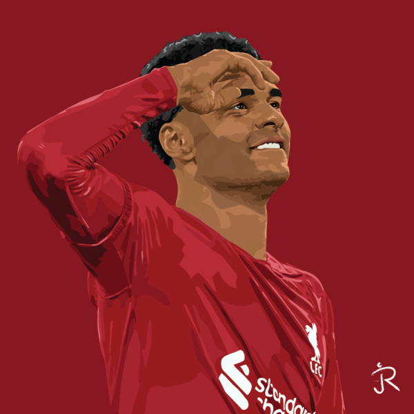 Cody Gakpo Liverpool artwork van de aanvaller na zijn tweede goal tegen Manchester United (7-0)