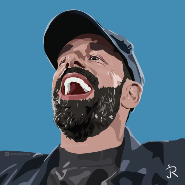 Digitaal artwork van Ruud van Nistelrooy die juicht met PSV-supporters na de bekerwinst op Ajax in 2023