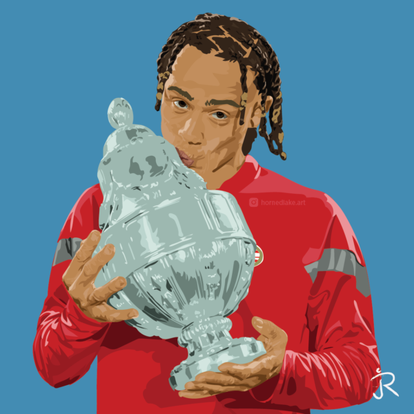 Digitaal artwork van Xavi Simons die de KNVB Beker kust na de winst op Ajax