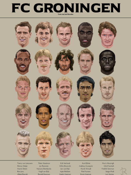 FC Groningen Legends poster met 25 digitaal getekende gezichten van clubhelden