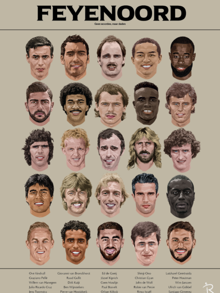 Feyenoord Legends poster met 25 getekende portretten van Feyenoord helden en iconen