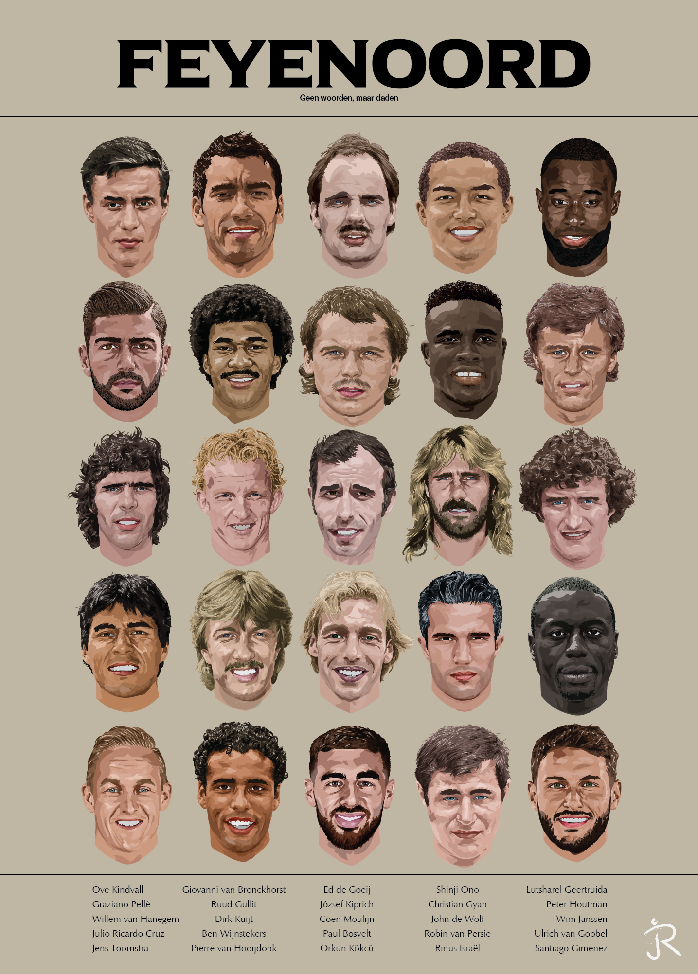Feyenoord Legends poster met 25 getekende portretten van Feyenoord helden en iconen