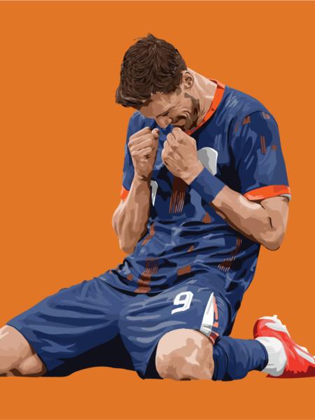 Wout Weghorst EK 2024 is een digitaal artwork van de spits na zijn winnende goal tegen Polen