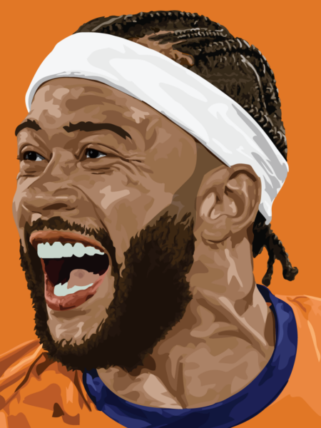 Memphis Depay art van de spits met zijn witte hoofdband op oranje achtergrond