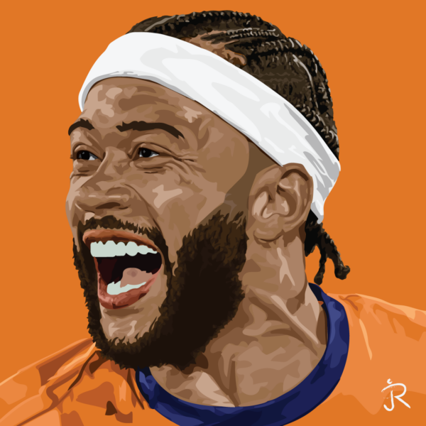 Memphis Depay art van de spits met zijn witte hoofdband op oranje achtergrond