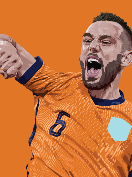 Digitale Stefan de Vrij EK 2024 tekening waarop hij juicht na zijn gelijkmaker tegen Turkije.