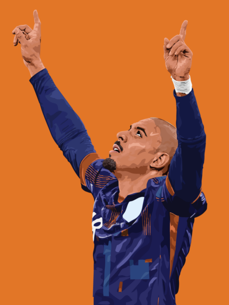 Artwork van een juichende Donyell Malen na zijn goals tegen Roemenië op het EK 2024